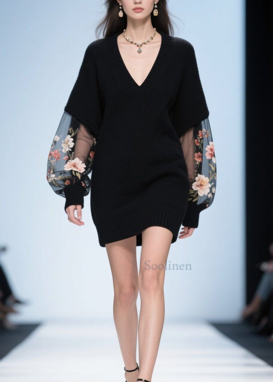 Women Black V Neck Tulle Floral Patchwork Knit Sweater Fall