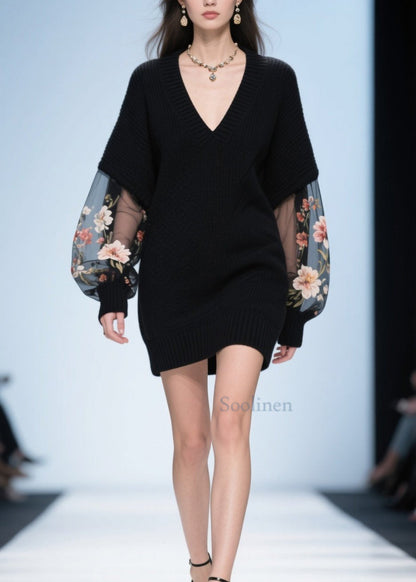 Women Black V Neck Tulle Floral Patchwork Knit Sweater Fall