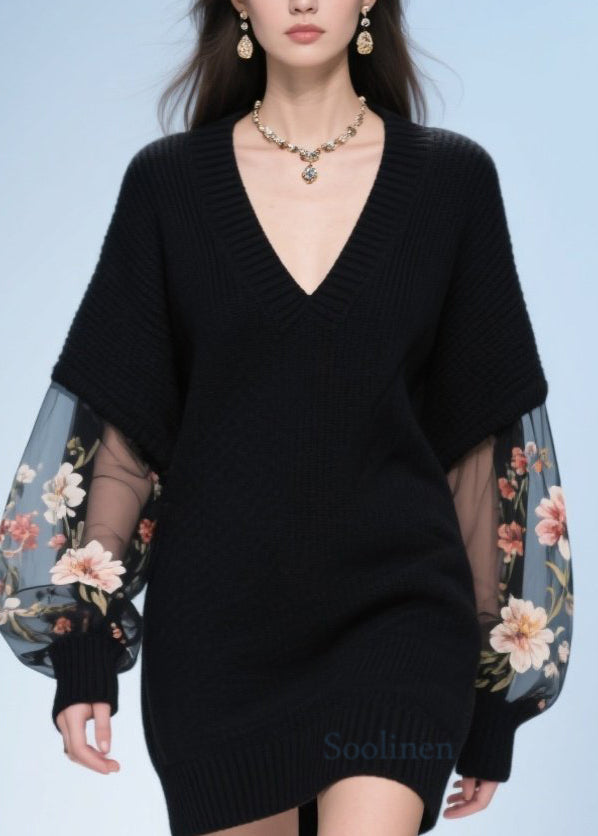 Women Black V Neck Tulle Floral Patchwork Knit Sweater Fall