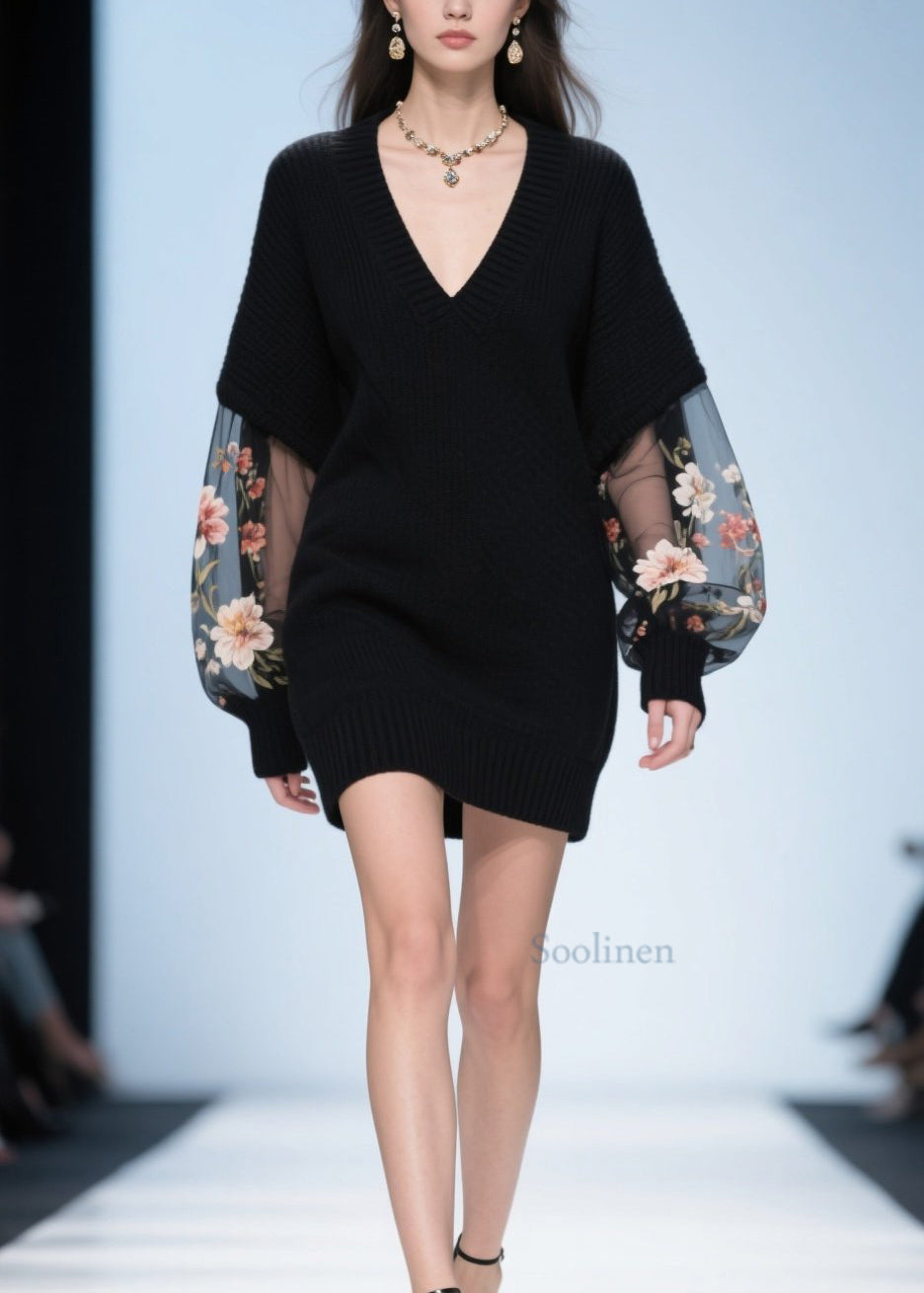 Women Black V Neck Tulle Floral Patchwork Knit Sweater Fall