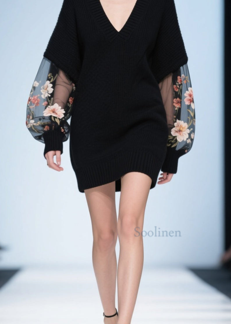 Women Black V Neck Tulle Floral Patchwork Knit Sweater Fall