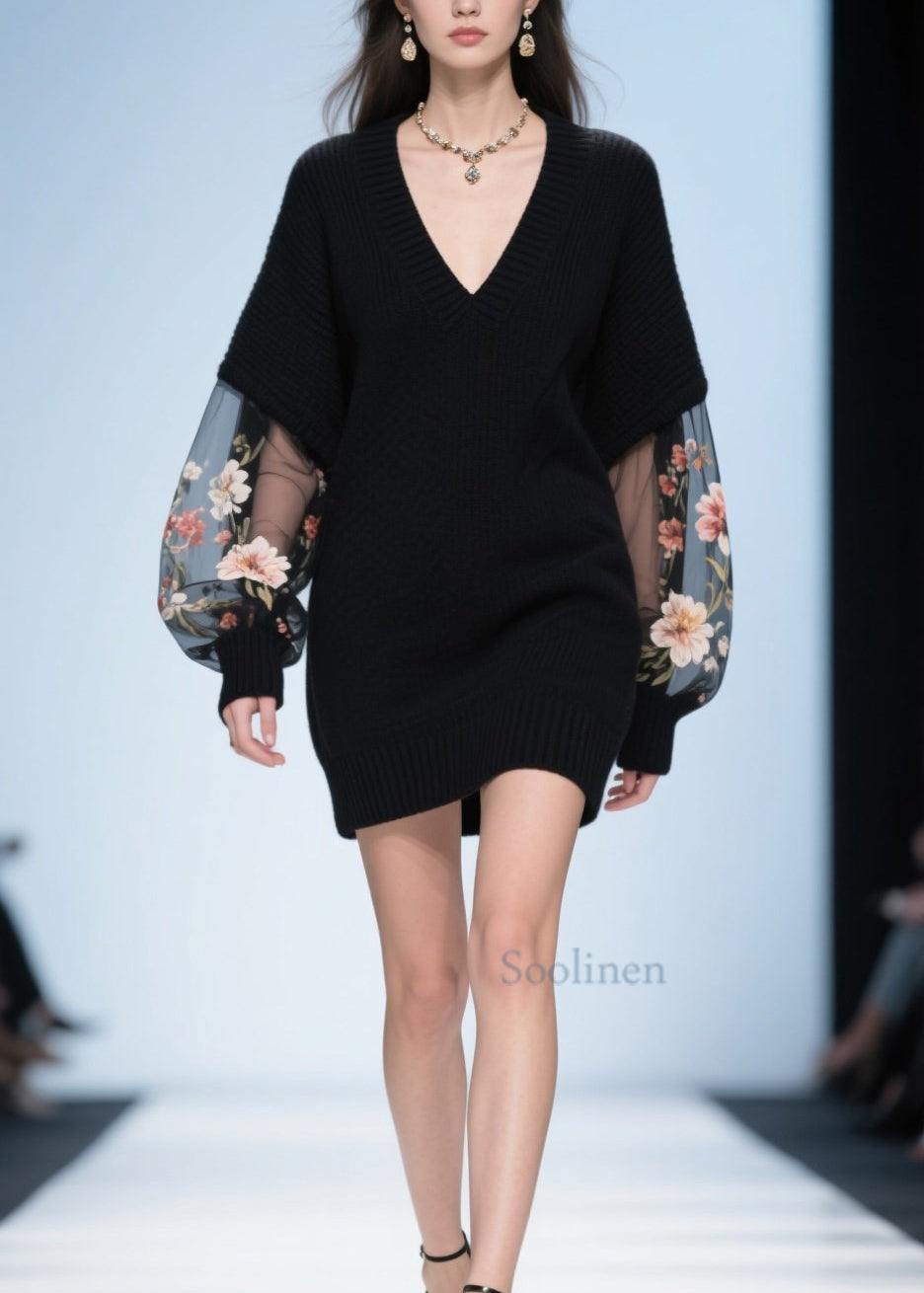 Women Black V Neck Tulle Floral Patchwork Knit Sweater Fall