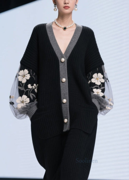 Women Black V Neck Tulle Patchwork Knit Cardigans Fall