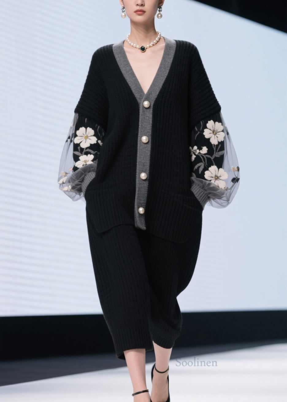 Women Black V Neck Tulle Patchwork Knit Cardigans Fall