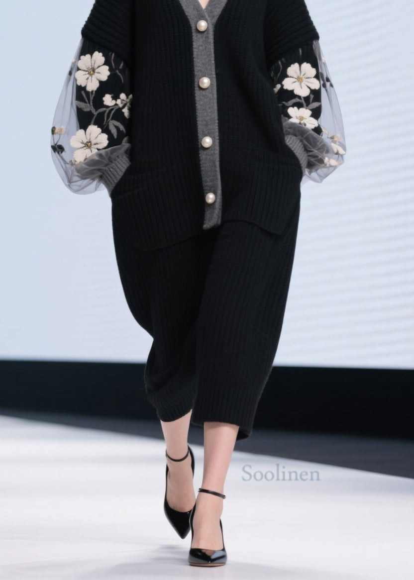 Women Black V Neck Tulle Patchwork Knit Cardigans Fall