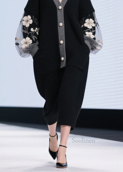 Women Black V Neck Tulle Patchwork Knit Cardigans Fall