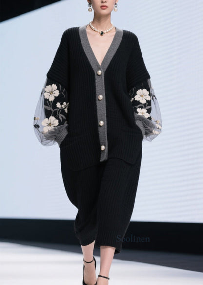 Women Black V Neck Tulle Patchwork Knit Cardigans Fall