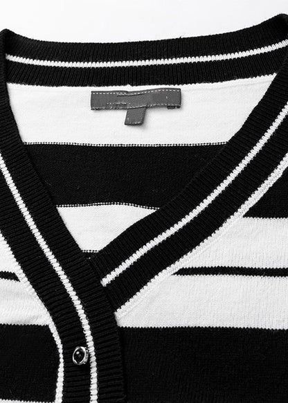 Women Black White Striped V Neck Cotton Knit Sweater Fall