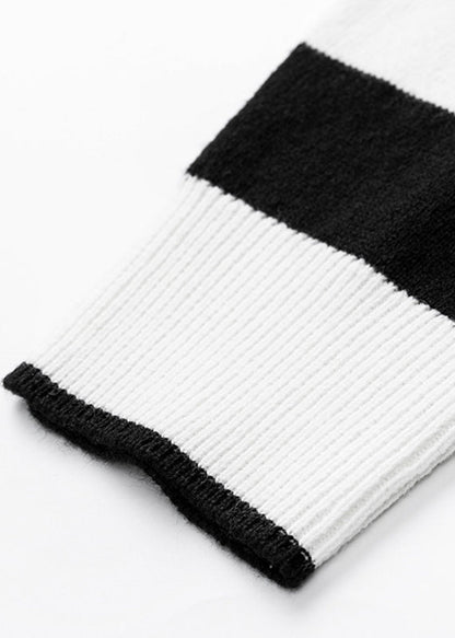 Women Black White Striped V Neck Cotton Knit Sweater Fall