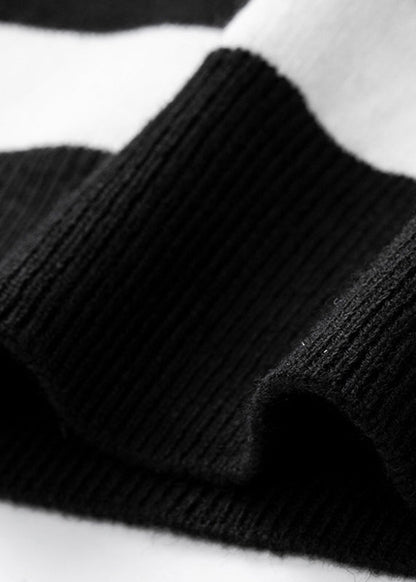 Women Black White Striped V Neck Cotton Knit Sweater Fall