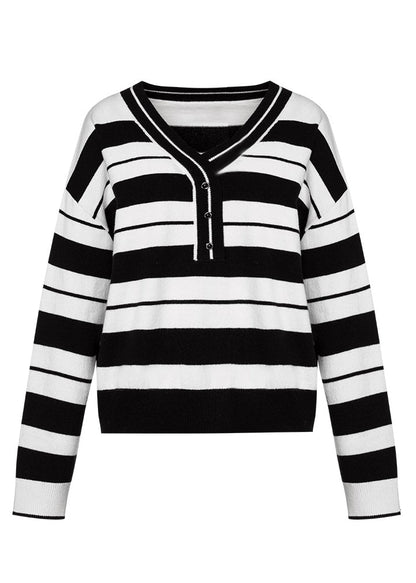 Women Black White Striped V Neck Cotton Knit Sweater Fall