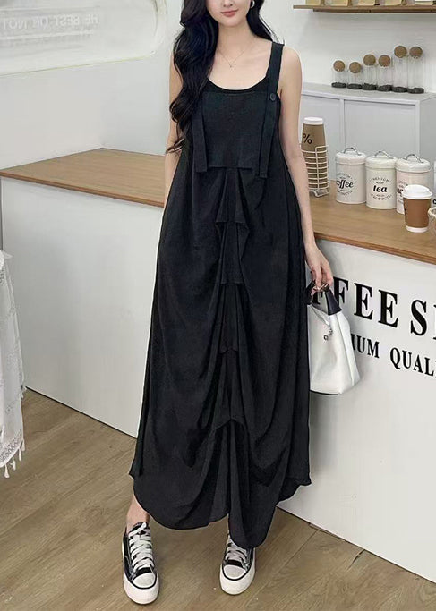 Women Black Wrinkled Cotton Cami Dresses Summer