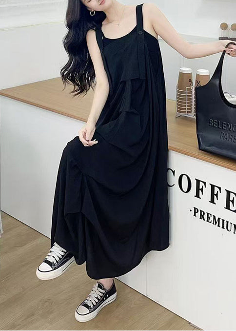 Women Black Wrinkled Cotton Cami Dresses Summer