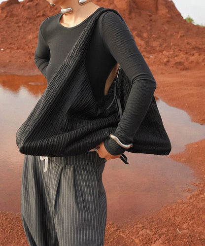Women Black Wrinkled Large Capacity Shoulder Bag