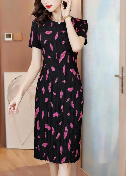 Women Black Wrinkled Print Long Dress Summer