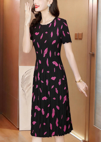 Women Black Wrinkled Print Long Dress Summer