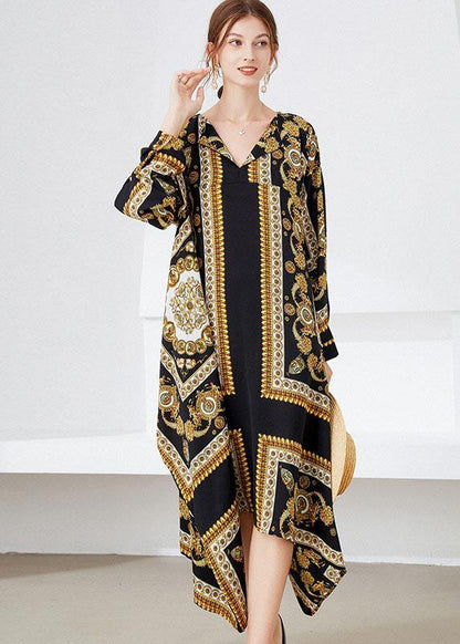 Women Black Yellow Print Loose Asymmetrical Design Fall Holiday Dress Long Sleeve - SooLinen