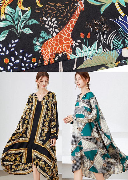 Women Black Yellow Print Loose Asymmetrical Design Fall Holiday Dress Long Sleeve - SooLinen