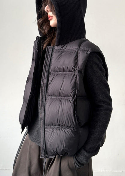 Women Black Zippered Pockets Knit Patchwork Duck Down Waistcoat Sleeveless