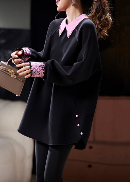 Women Black Zippered Zircon Patchwork Cotton Sweatshirt Spring