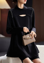 Women Black Zircon Hollow Out Cotton T Shirts Long Sleeve