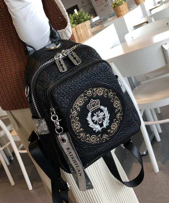 Women Black Zircon Large Capacity Calf Leather Backpack Bag