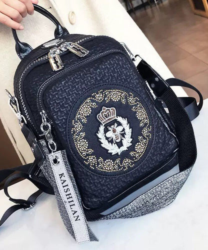 Women Black Zircon Large Capacity Calf Leather Backpack Bag