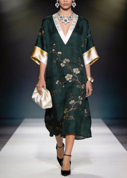 Women Blackish Green V Neck Print Patchwork Linen Silk Dress Summer