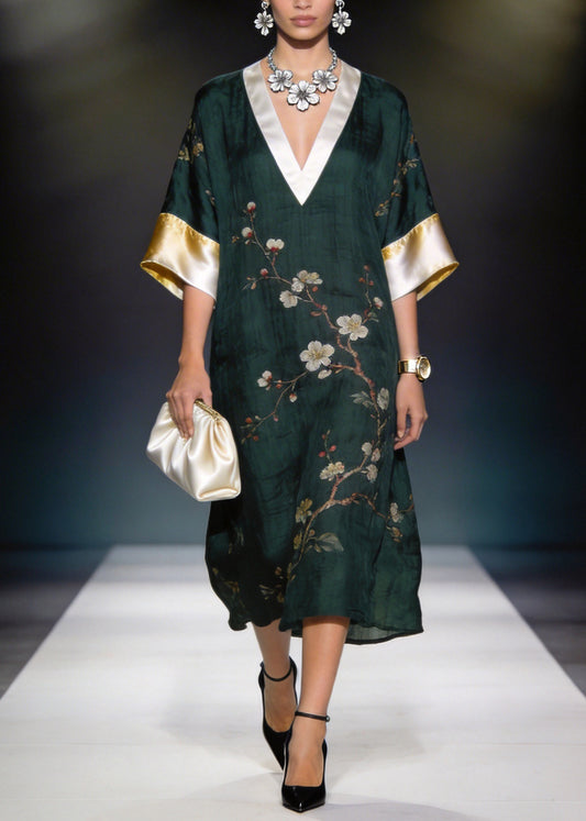 Women Blackish Green V Neck Print Patchwork Linen Silk Dress Summer