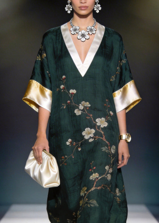 Women Blackish Green V Neck Print Patchwork Linen Silk Dress Summer