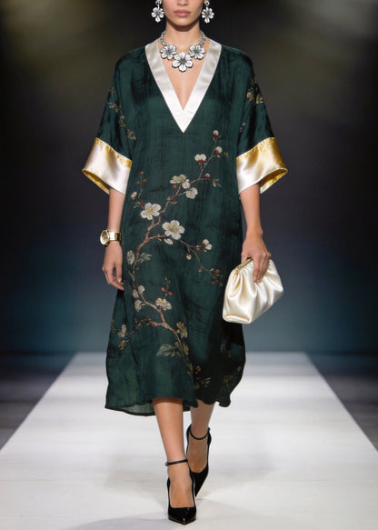 Women Blackish Green V Neck Print Patchwork Linen Silk Dress Summer