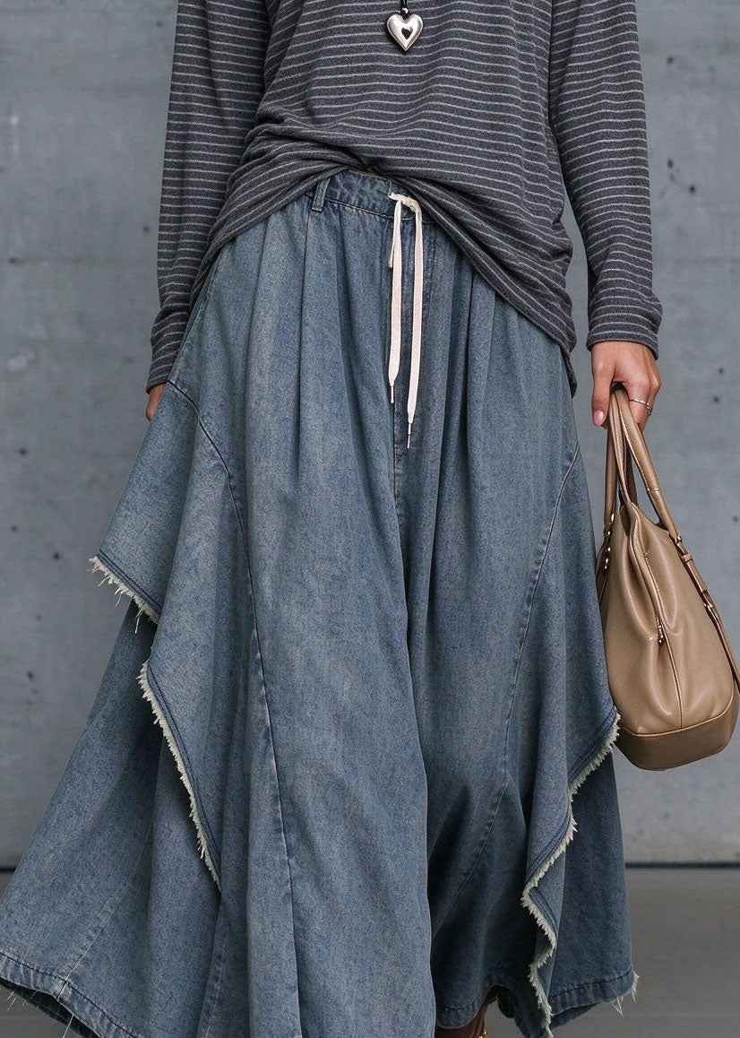 Women Blue Asymmetrical Elastic Waist Patchwork Denim Pants Fall