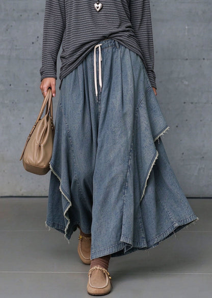 Women Blue Asymmetrical Elastic Waist Patchwork Denim Pants Fall