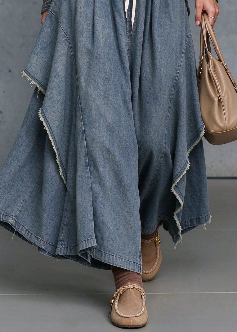 Women Blue Asymmetrical Elastic Waist Patchwork Denim Pants Fall