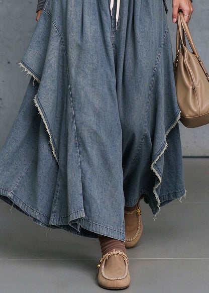 Women Blue Asymmetrical Elastic Waist Patchwork Denim Pants Fall