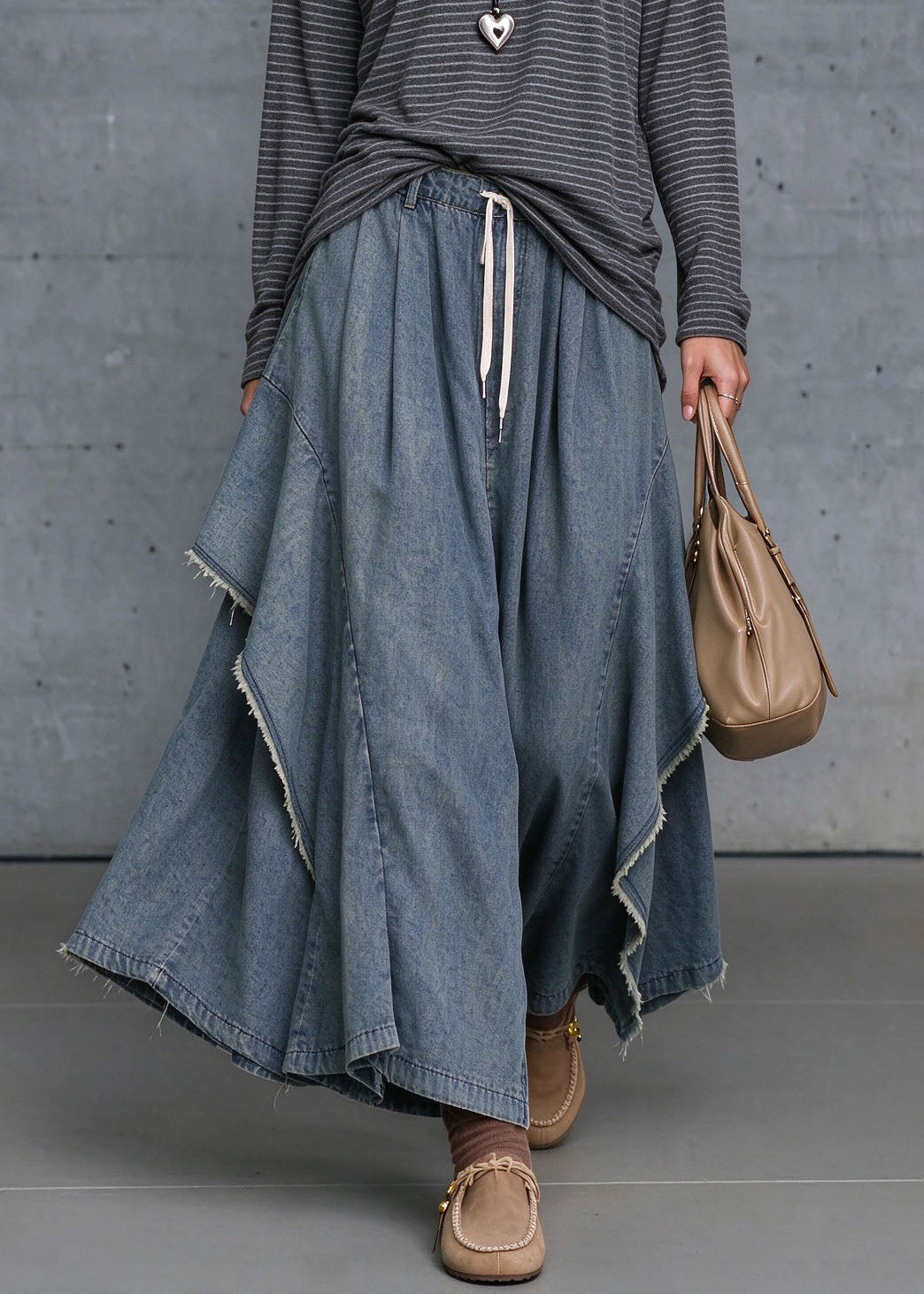 Women Blue Asymmetrical Elastic Waist Patchwork Denim Pants Fall