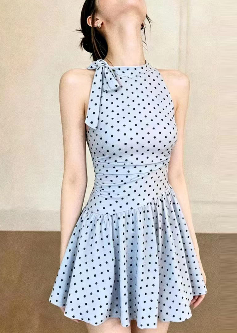 Women Blue Bow Dot Print Swimwear Dress Bodysuits