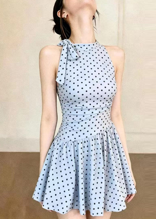 Women Blue Bow Dot Print Swimwear Dress Bodysuits