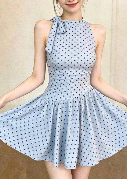 Women Blue Bow Dot Print Swimwear Dress Bodysuits