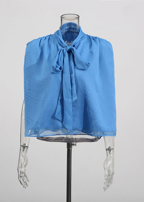Women Blue Cinched Lace Up Chiffon Top Sleeveless