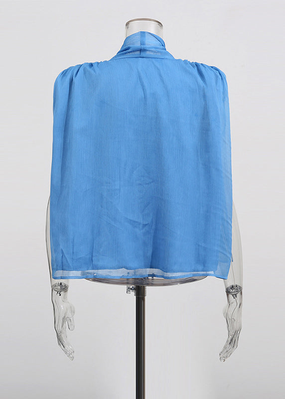 Women Blue Cinched Lace Up Chiffon Top Sleeveless