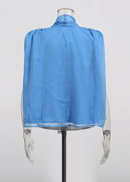 Women Blue Cinched Lace Up Chiffon Top Sleeveless