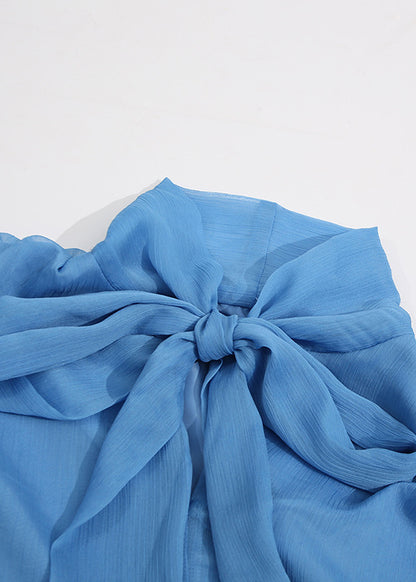 Women Blue Cinched Lace Up Chiffon Top Sleeveless