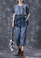 Women Blue Cold Shoulder Patchwork 2 Piece Outfit Summer