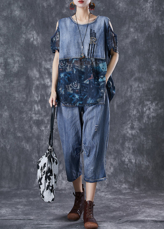 Women Blue Cold Shoulder Patchwork 2 Piece Outfit Summer