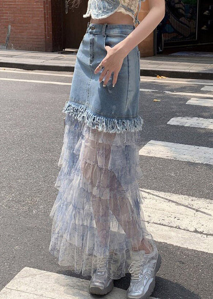 Women Blue Denim Patchwork Tulle Maxi Cake Skirts Summer