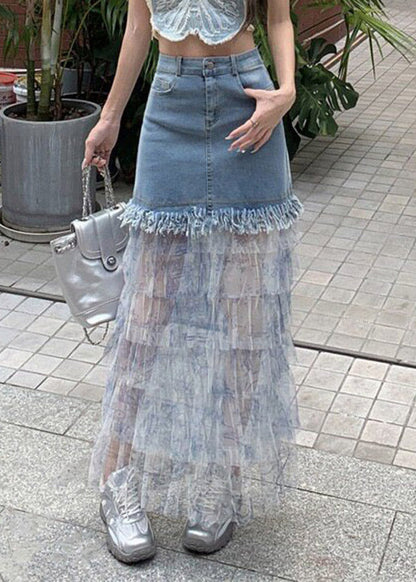 Women Blue Denim Patchwork Tulle Maxi Cake Skirts Summer