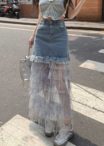 Women Blue Denim Patchwork Tulle Maxi Cake Skirts Summer