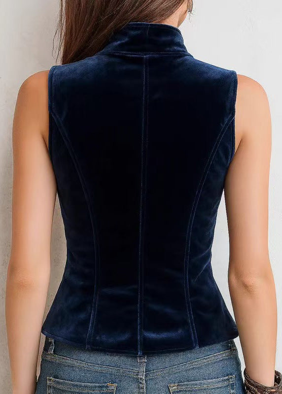 Women Blue Double Breast Patchwork Velour Vest Sleeveless