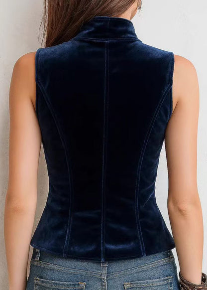 Women Blue Double Breast Patchwork Velour Vest Sleeveless